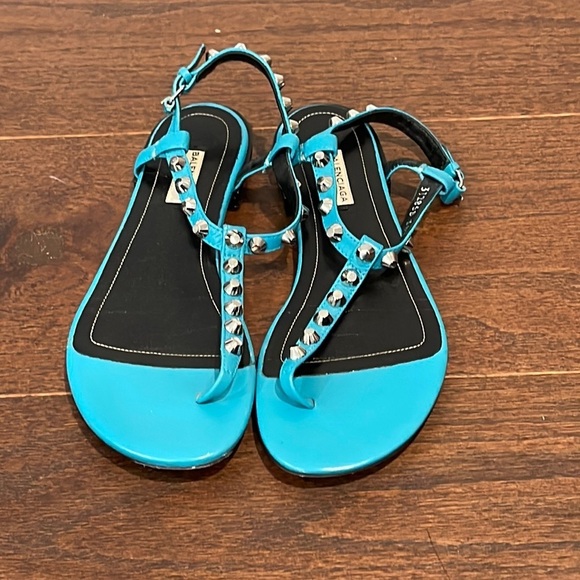 Balenciaga Giant Nickel Studded Leather Thong Sandal, Bleu Caraibe Size 38.5/8.5 - Picture 1 of 5